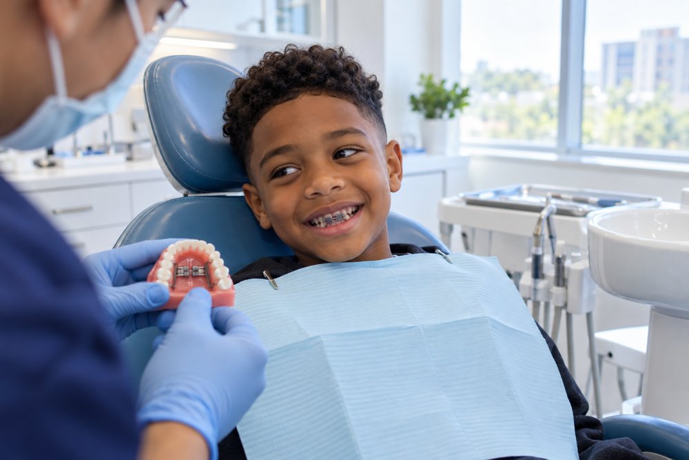 Niño sonriendo en el sillón dental mientras le muestran un modelo